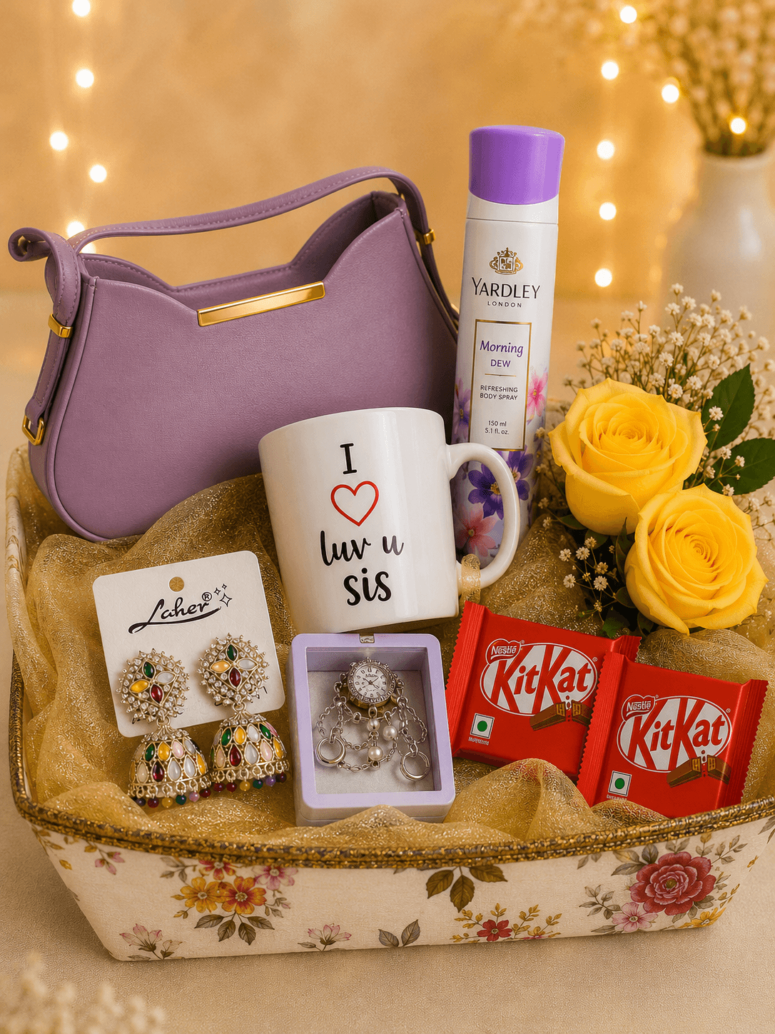 Love You Sis Premium Gift Hamper with Handbag, Watch, Wallet & Flowers