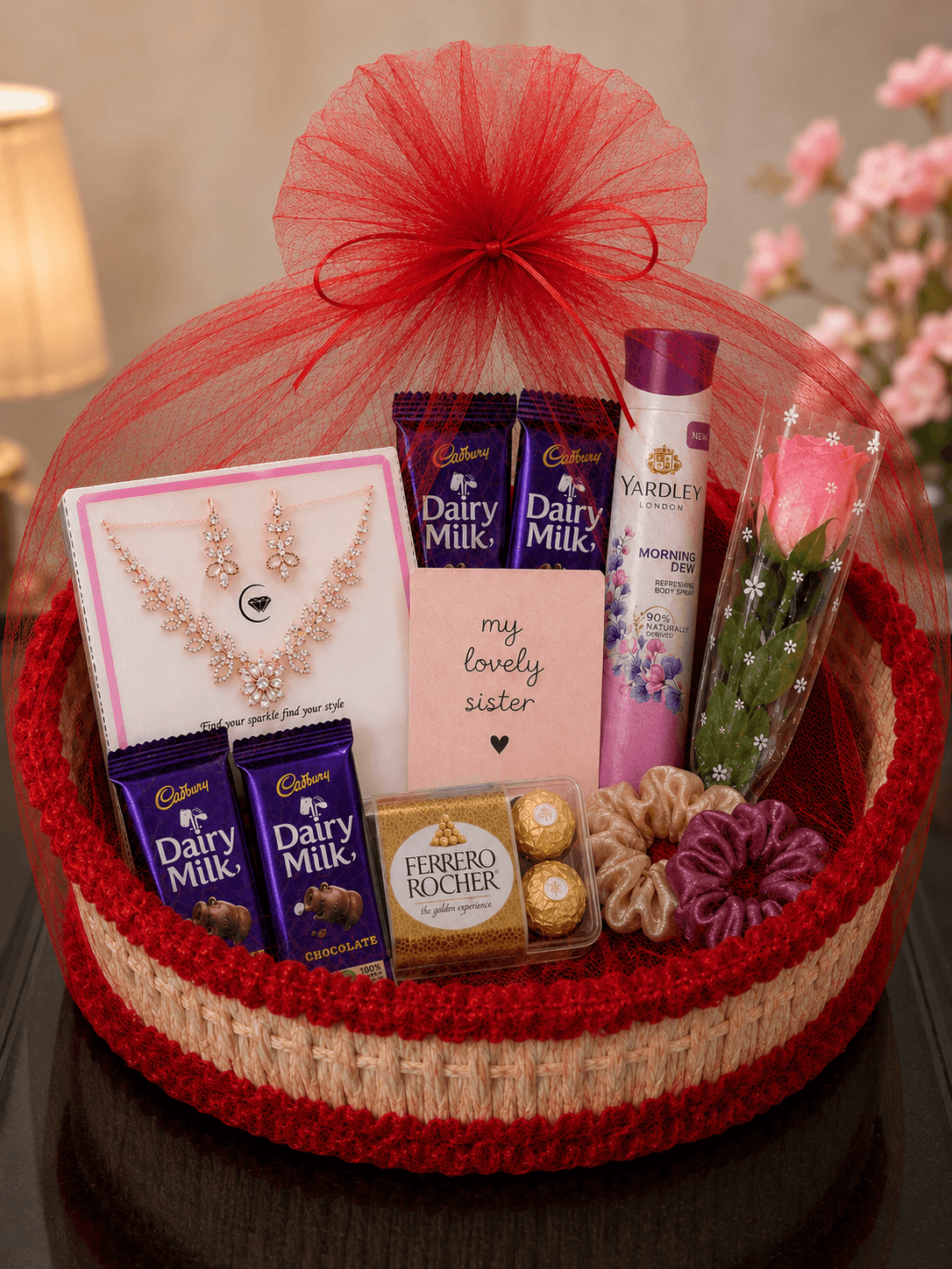 My Lovely Sister Premium Gift Hamper with Jewellery, Chocolates & Rose