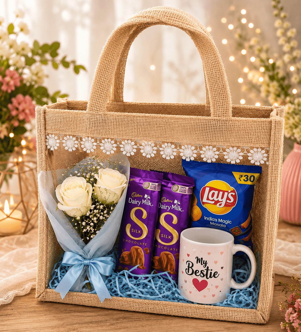Bestie Friendship Day Gift Hamper with Personalized Mug, Dairy Milk Silk & White Roses