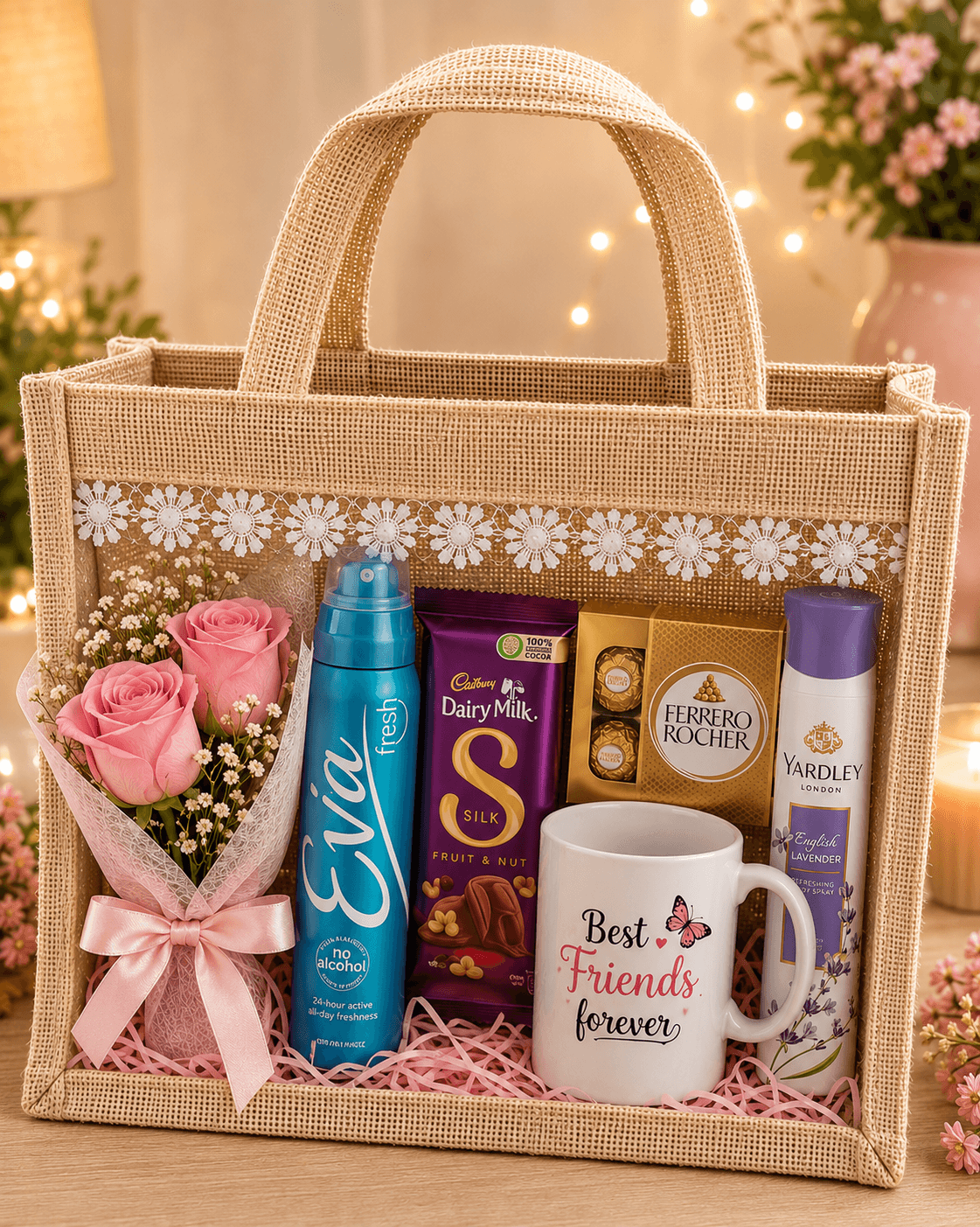 Premium Friendship Day Gift Hamper with Best Friends Forever Mug, Ferrero Rocher & Pink Roses