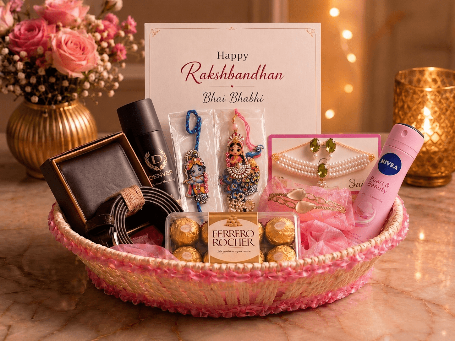 Luxury Raksha Bandhan Bhai & Bhabhi Gift Hamper with Jewellery & Ferrero Rocher