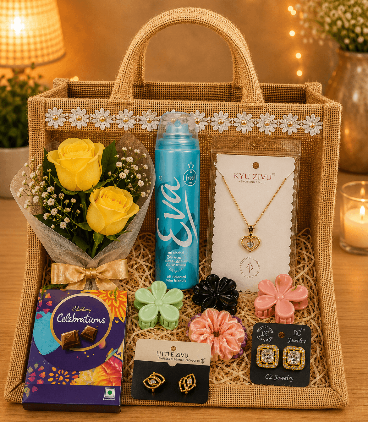 Friendship Day Jute Bag Flowers & Jewellery Gift Hamper