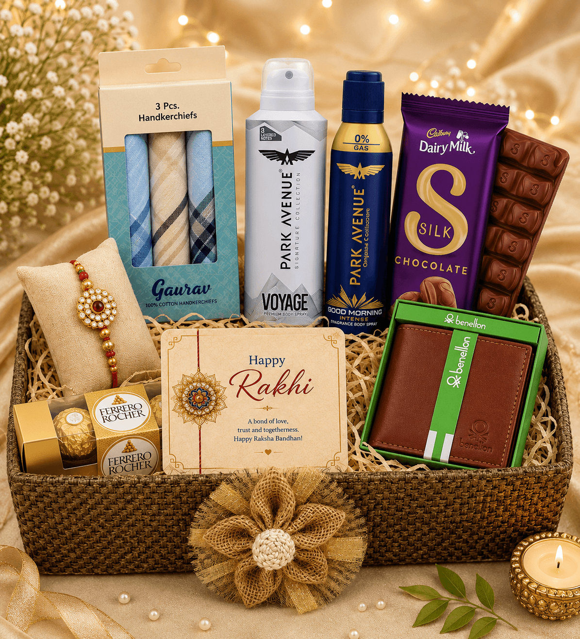 Premium Rakhi Gift Hamper with Wallet, Deodorants, Dairy Milk Silk & Ferrero Rocher