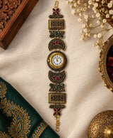 Kashmiri-Inspired Antique Gold-Tone Floral Filigree Bracelet Watch with Red & Green Details