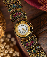 Kashmiri-Inspired Antique Gold-Tone Floral Filigree Bracelet Watch with Red & Green Details