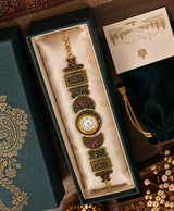 Kashmiri-Inspired Antique Gold-Tone Floral Filigree Bracelet Watch with Red & Green Details