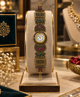 Kashmiri-Inspired Antique Gold-Tone Floral Filigree Bracelet Watch with Red & Green Details