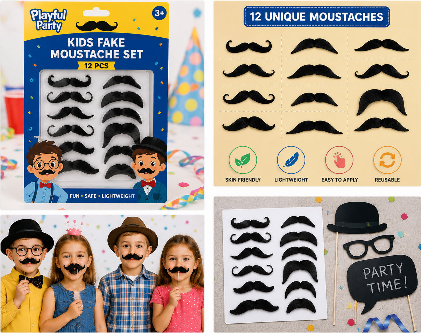 Kids’ Fun Fake Moustache Party Set – 12 Pieces