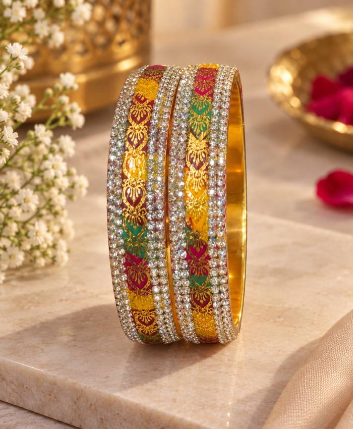 Multicolor Kundan-Style Gold-Tone Designer Bangle Set – Red, Green & Yellow Enamel