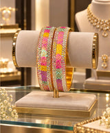Multicolor Enamel & Stone-Studded Gold-Tone Designer Bangle Set – Pink, Purple, Yellow & Mint