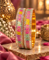 Multicolor Enamel & Stone-Studded Gold-Tone Designer Bangle Set – Pink, Purple, Yellow & Mint