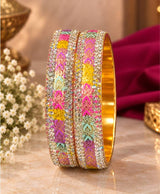 Multicolor Enamel & Stone-Studded Gold-Tone Designer Bangle Set – Pink, Purple, Yellow & Mint