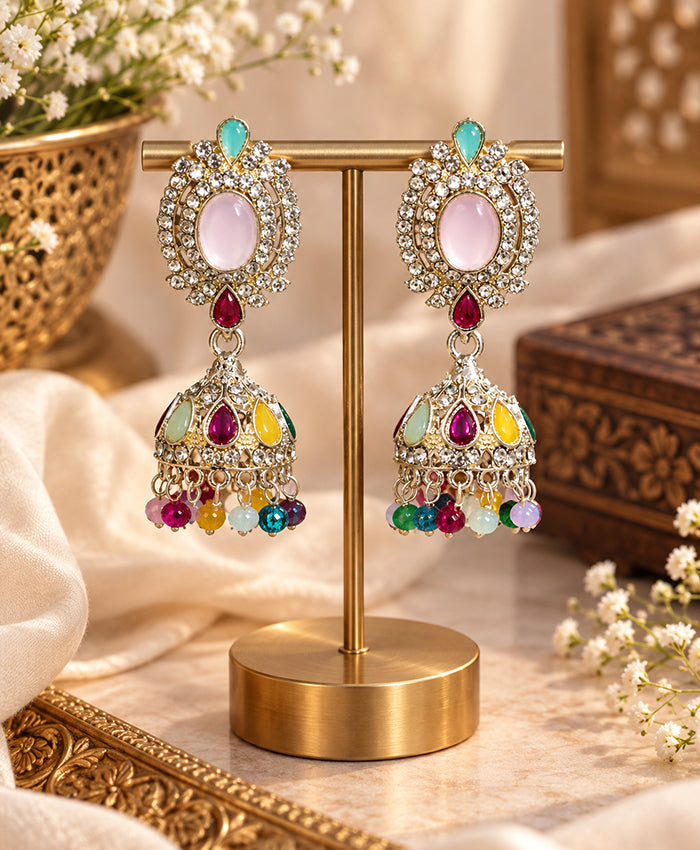 Multicolor Stone Studded Jhumka Earrings – Pink, Turquoise & Colorful Bead Drop Earrings