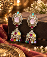 Multicolor Stone Studded Jhumka Earrings – Pink, Turquoise & Colorful Bead Drop Earrings