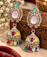 Multicolor Stone Studded Jhumka Earrings – Pink, Turquoise & Colorful Bead Drop Earrings