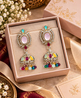 Multicolor Stone Studded Jhumka Earrings – Pink, Turquoise & Colorful Bead Drop Earrings