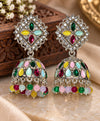 Multicolor Traditional Jhumka Earrings with Kundan-Style Detailing & Beaded Fringe