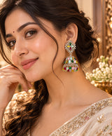 Multicolor Traditional Jhumka Earrings with Kundan-Style Detailing & Beaded Fringe