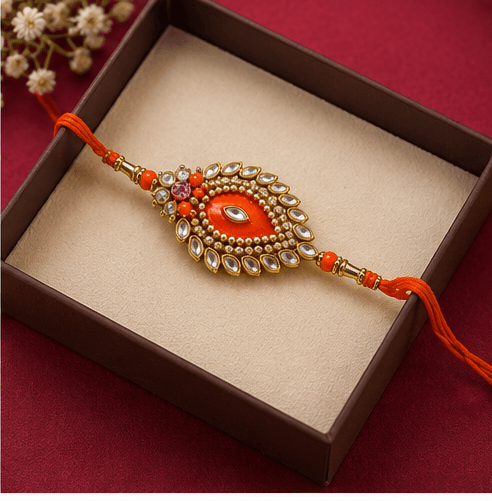 Orange Kundan Designer Rakhi