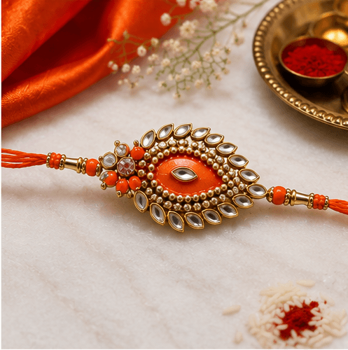 Orange Kundan Designer Rakhi