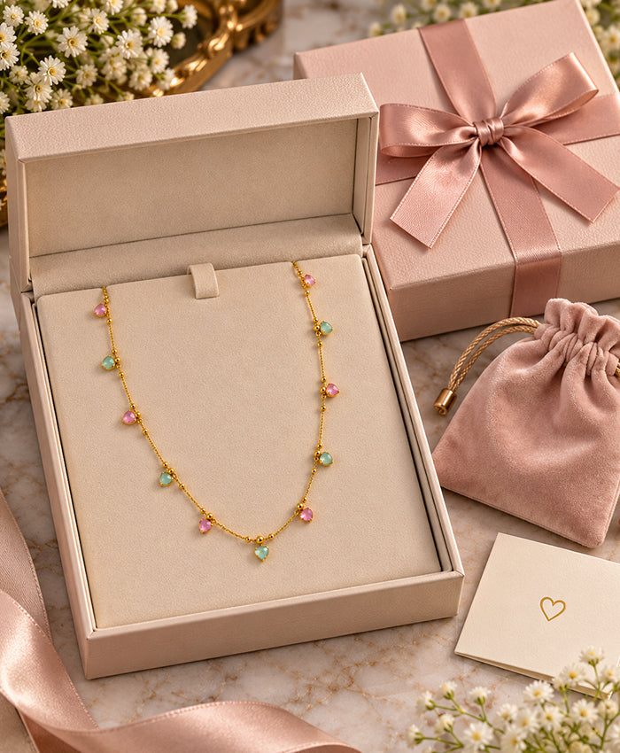 Pastel Heart Charm Gold-Tone Necklace – Delicate Everyday Jewellery