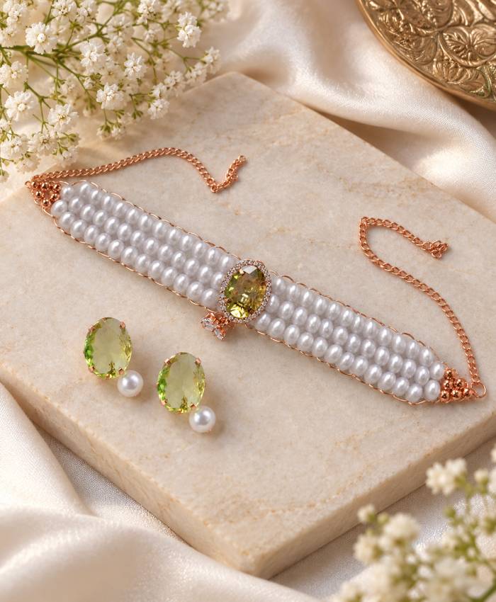 Celestia Pearl & Green Stone Rose-Gold-Tone Choker Jewellery Set