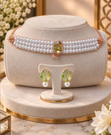 Celestia Pearl & Green Stone Rose-Gold-Tone Choker Jewellery Set