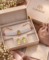 Celestia Pearl & Green Stone Rose-Gold-Tone Choker Jewellery Set