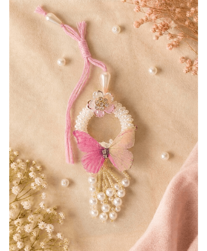 Pink Butterfly Pearl Designer Lumba Rakhi