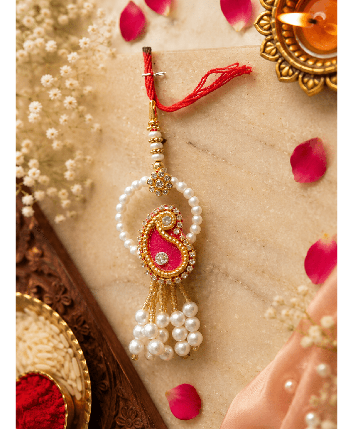 Pink Pearl Paisley Designer Lumba Rakhi