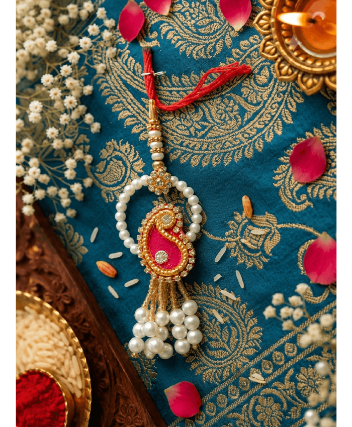 Pink Pearl Paisley Designer Lumba Rakhi
