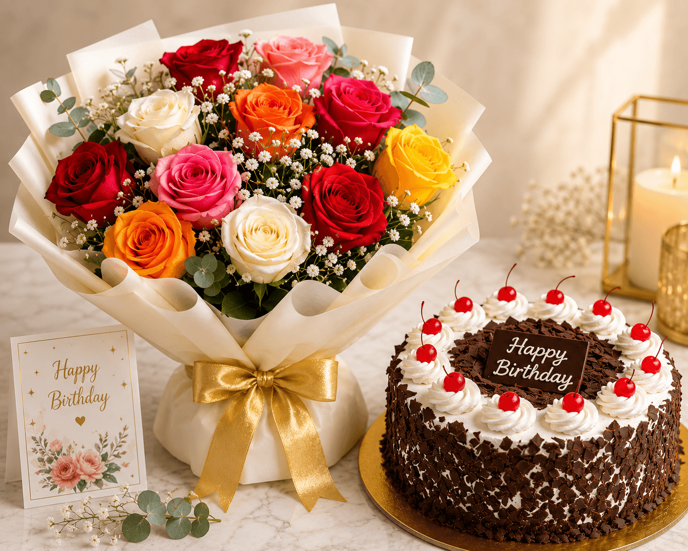 Premium Mixed Roses Bouquet & Black Forest Cake Birthday Combo