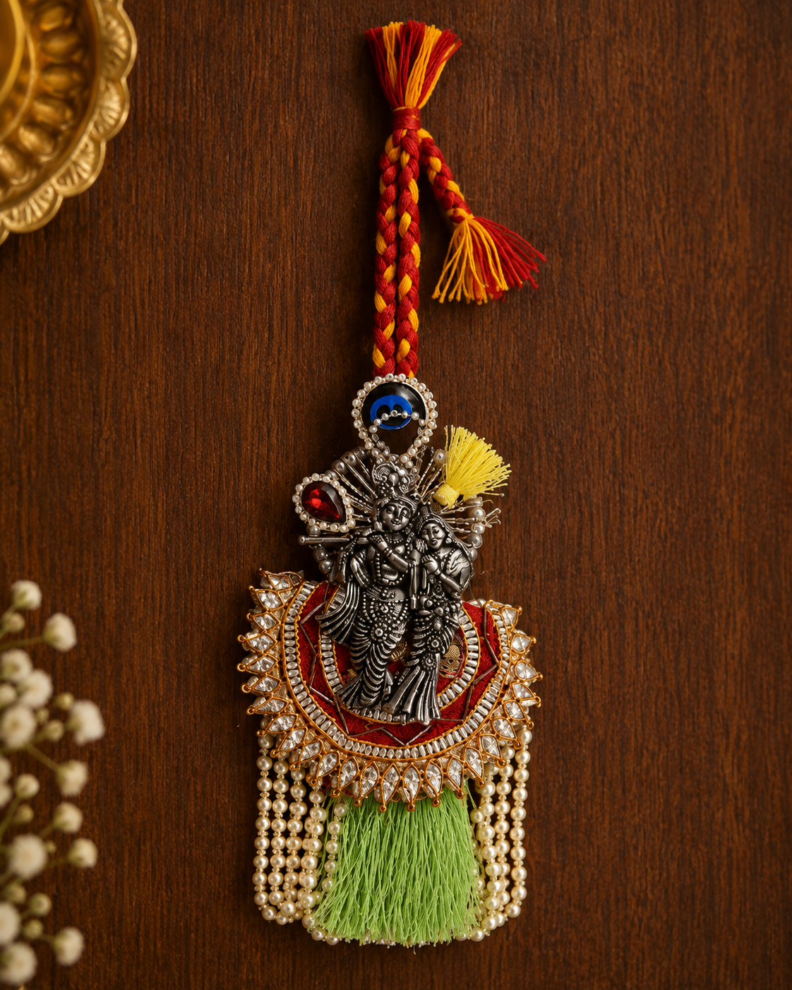 Premium Radha Krishna Designer Lumba Rakhi with Green Tassel