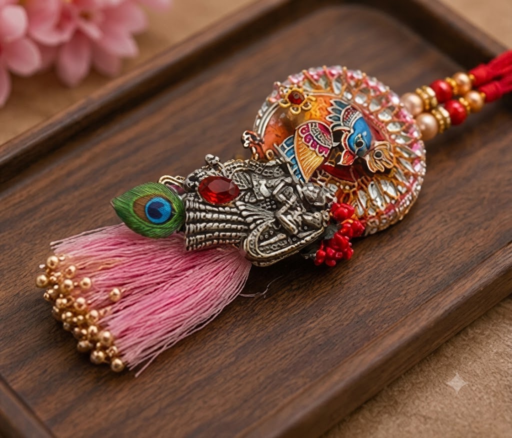 Premium Radha Krishna Peacock Rakhi Set