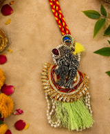 Premium Radha Krishna Designer Lumba Rakhi with Green Tassel