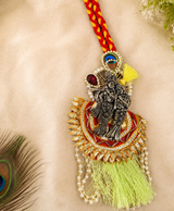 Premium Radha Krishna Designer Lumba Rakhi with Green Tassel