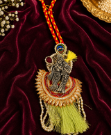 Premium Radha Krishna Designer Lumba Rakhi with Green Tassel