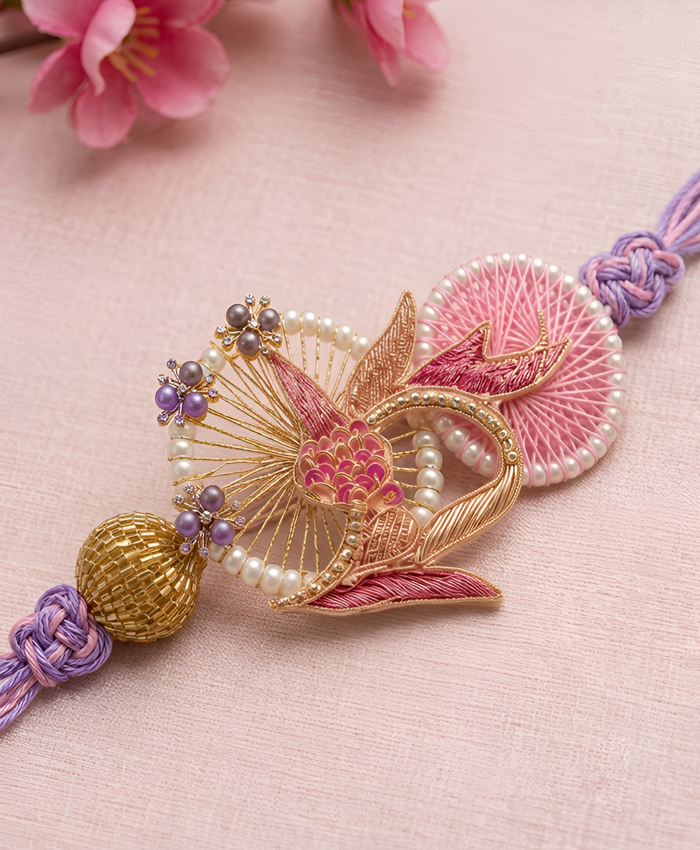 Elegant Pink Lotus Designer Rakhi Combo Set