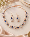 Rose Gold Blue Floral Crystal Necklace & Earrings Set