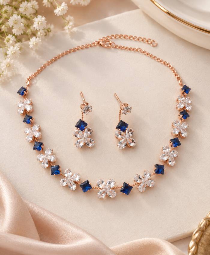 Rose Gold Blue Floral Crystal Necklace & Earrings Set