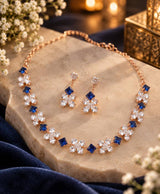 Rose Gold Blue Floral Crystal Necklace & Earrings Set