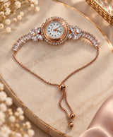 Rose Gold Crystal Bracelet Watch for Women – Elegant Rhinestone & Floral Leaf Design