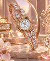 Rose Gold Crystal Bracelet Watch for Women – Elegant Rhinestone & Floral Leaf Design