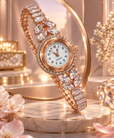 Rose Gold Crystal Bracelet Watch for Women – Elegant Rhinestone & Floral Leaf Design