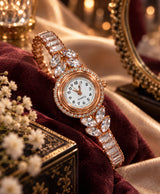 Rose Gold Crystal Bracelet Watch for Women – Elegant Rhinestone & Floral Leaf Design