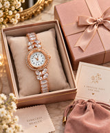 Rose Gold Crystal Bracelet Watch for Women – Elegant Rhinestone & Floral Leaf Design