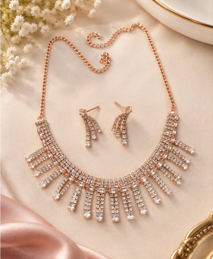Rose Gold Crystal Fringe Necklace & Earrings Set