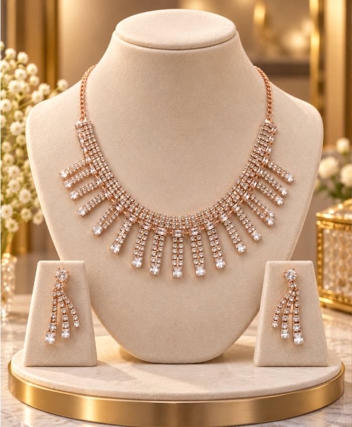 Rose Gold Crystal Fringe Necklace & Earrings Set