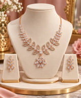 Rose Gold Floral Crystal Necklace & Earrings Set – Elegant Leaf & Bloom Statement Jewellery