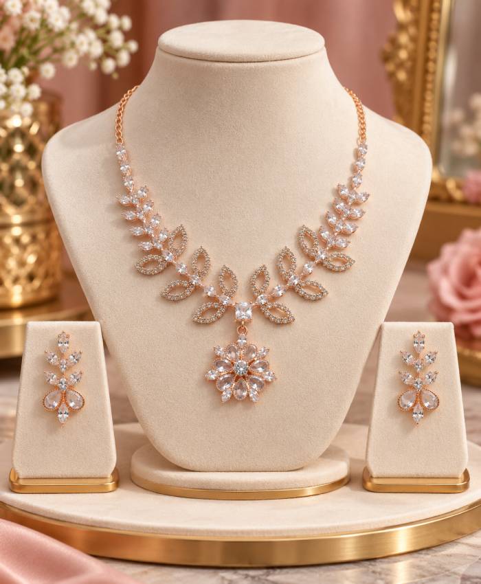 Rose Gold Floral Crystal Necklace & Earrings Set – Elegant Leaf & Bloom Statement Jewellery